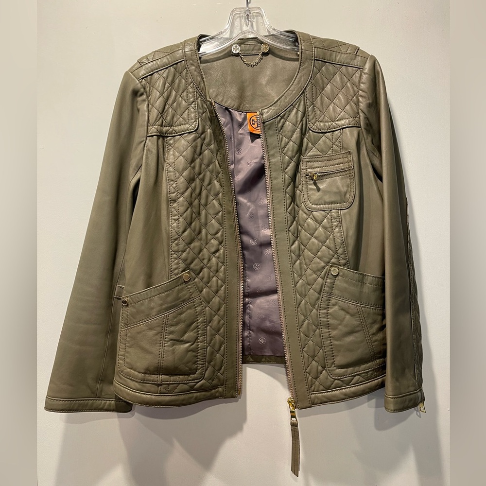 Tory Burch XL Leather Jacket Quilted Taupe/Gray Moto Style EUC - Picture 5 of 12